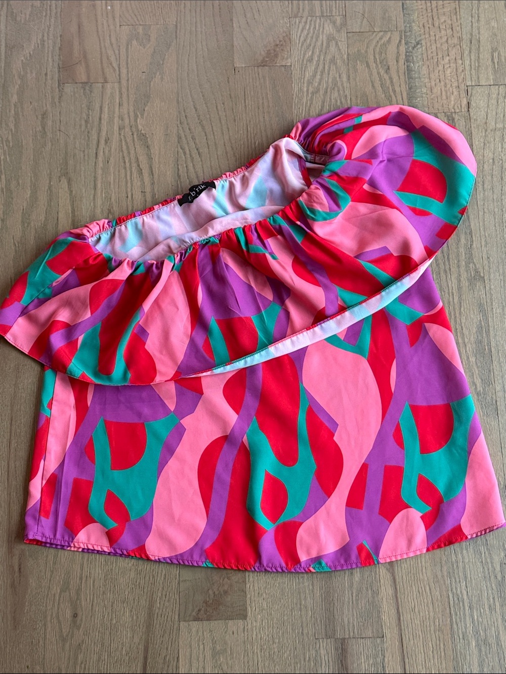 fab'rik Multicolor Off-Shoulder Ruffle Top in Pink, Red, Purple, Teal